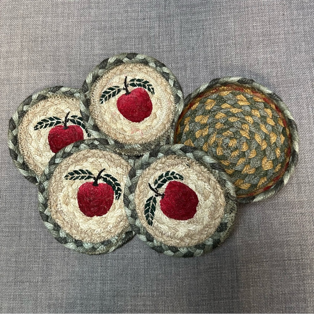 5-pcs Handwoven Braided Jute Woven Apple Coasters #1101253